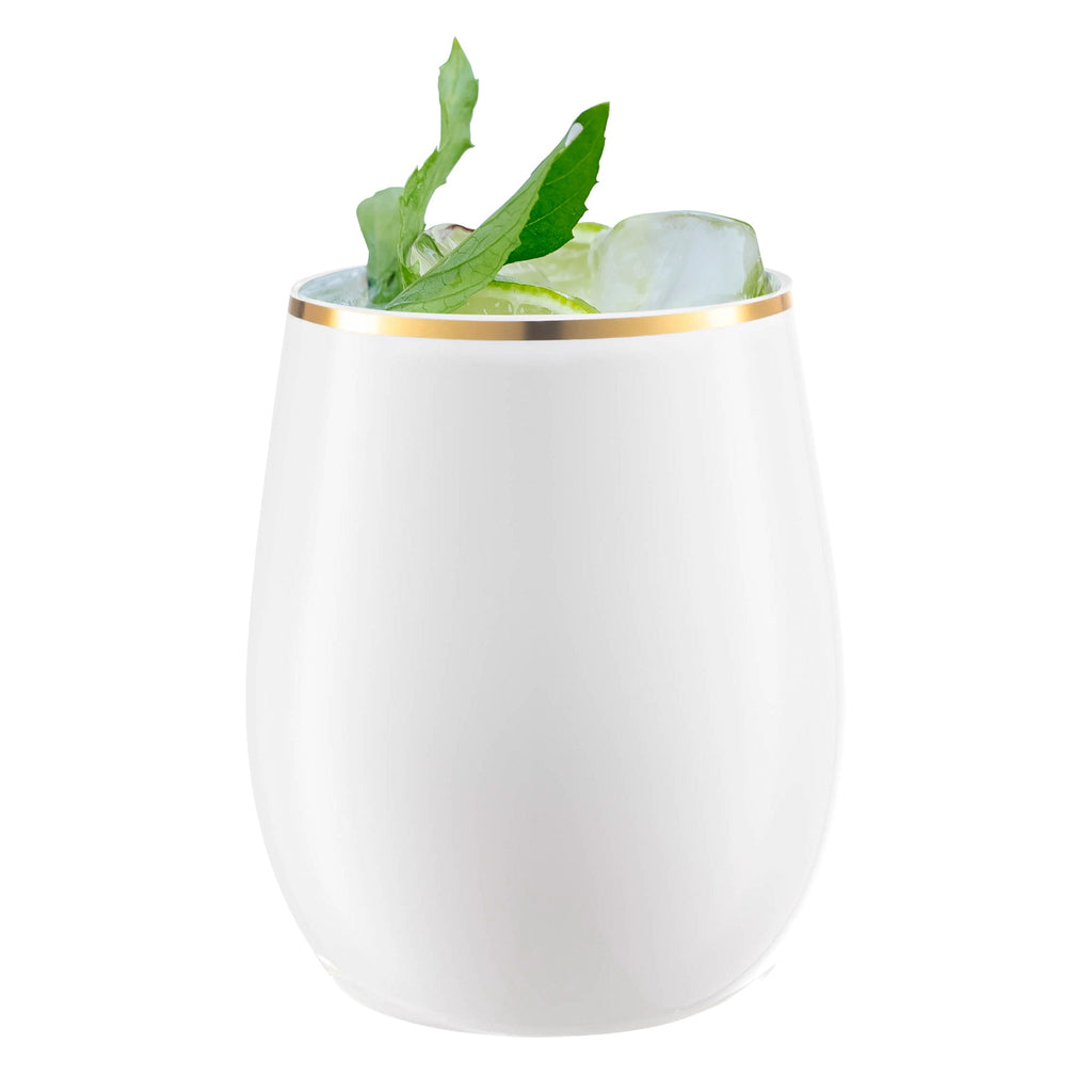 White with Gold Elegant Stemless Plastic Wine Glasses (12 oz. )