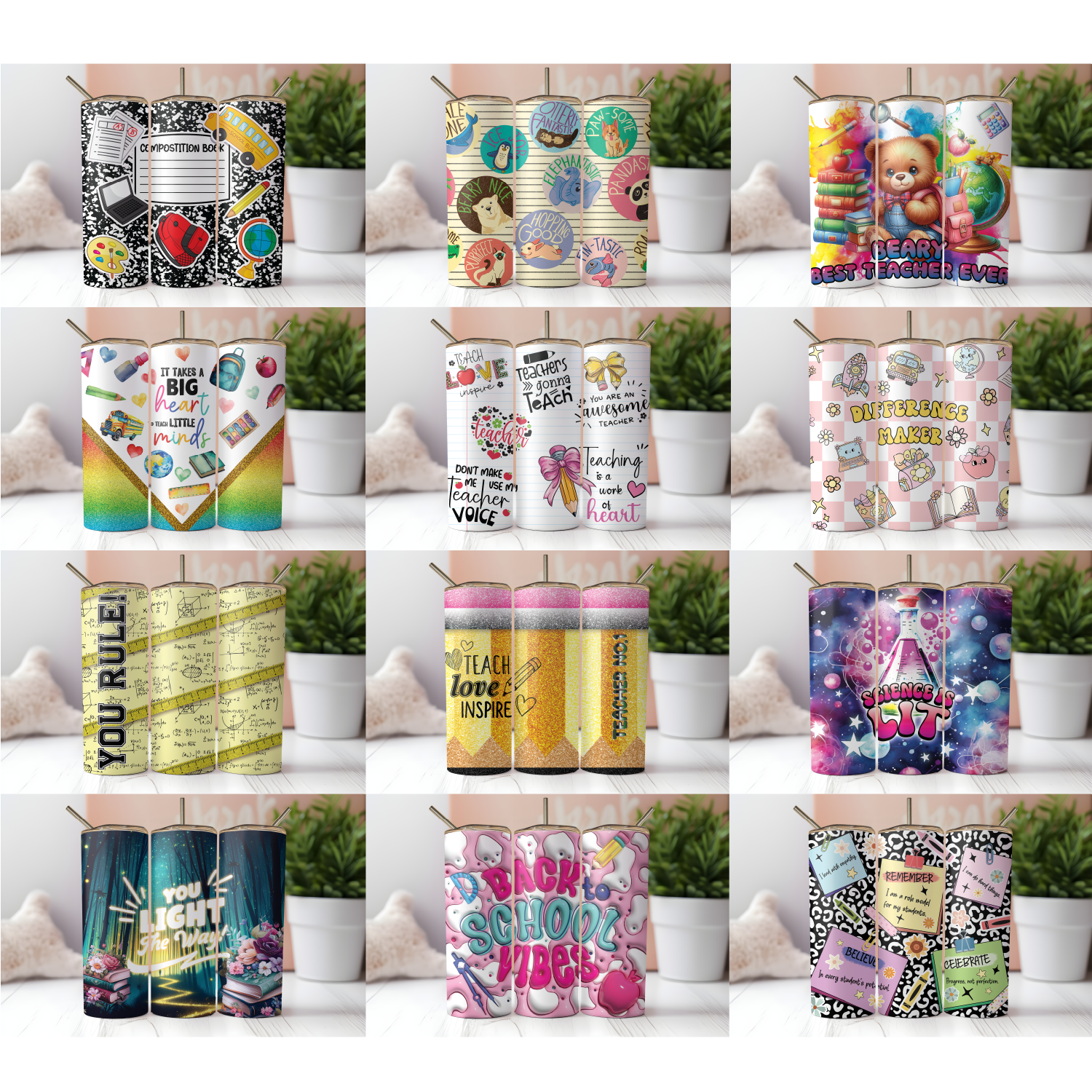 Assorted Ready to Press Sublimation Tumbler Prints (12 Pack) - Back to School Teachers