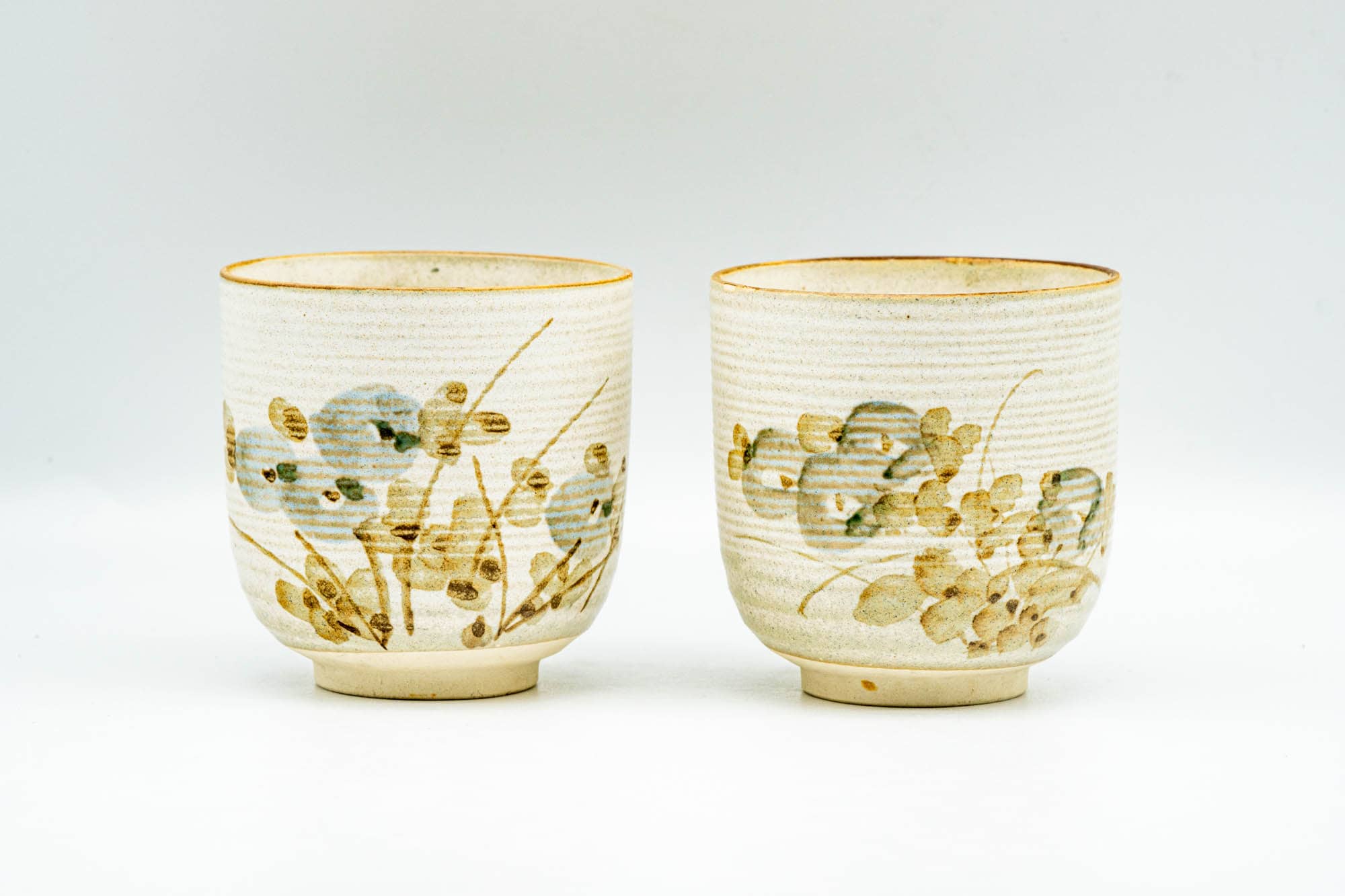 Japanese Teacups - Pair of Beige Floral Kiyomizu-yaki Yunomi - 110ml