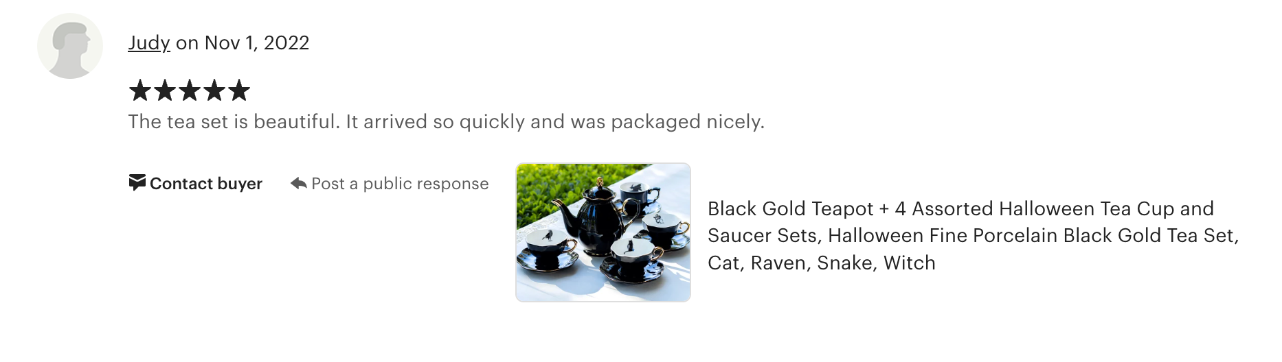 Black Gold Scallop Teapot + 4 Assorted Halloween Tea Cup and Saucer Sets - Ver. A