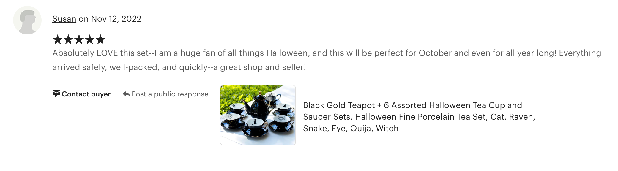 Black Gold Scallop Teapot + 6 Assorted Halloween Tea Cup and Saucer Sets - Ver. A