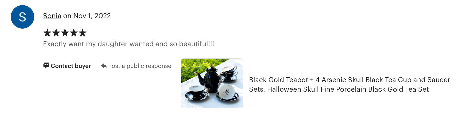 Black Gold Scallop Teapot + 4 Arsenic Skull Tea Cup and Saucer Sets