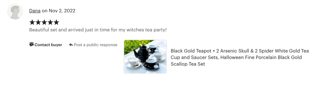 Black Gold Scallop Teapot + 4 Assorted Halloween Tea Cup and Saucer Sets - Arsenic Skull & Spider