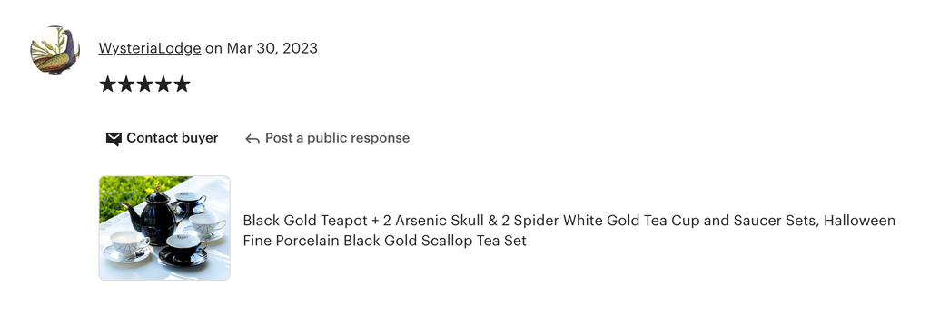 Black Gold Scallop Teapot + 4 Assorted Halloween Tea Cup and Saucer Sets - Arsenic Skull & Spider