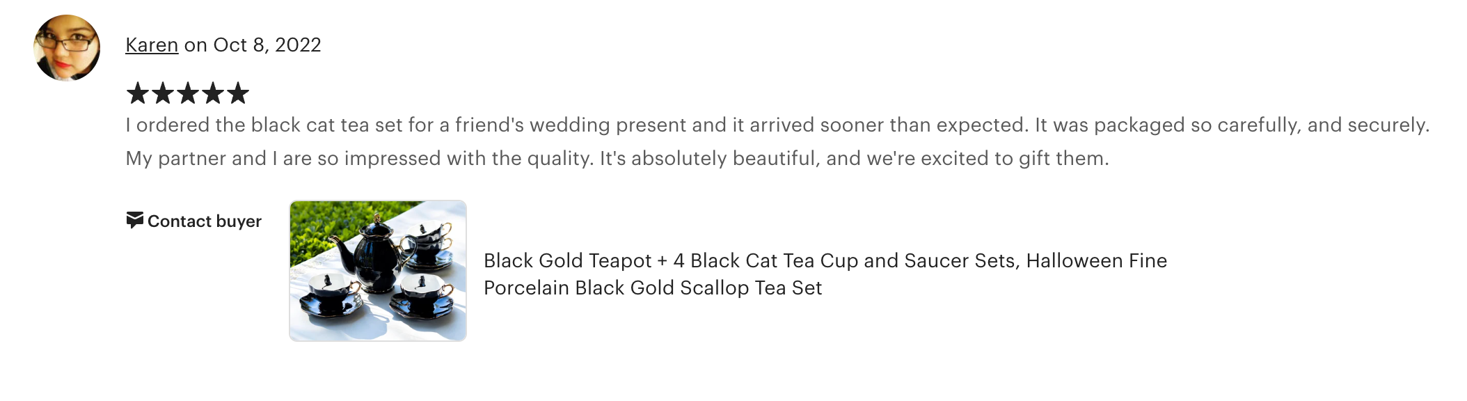 Black Gold Scallop Teapot + 4 Black Cat Tea Cup and Saucer Sets