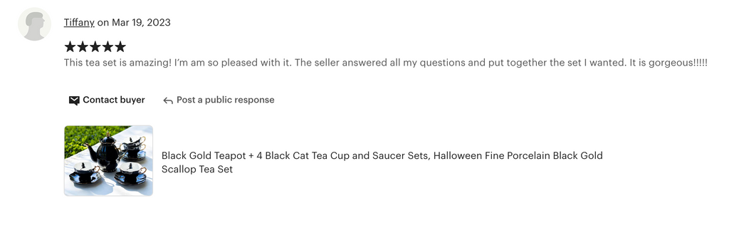 Black Gold Scallop Teapot + 4 Black Cat Tea Cup and Saucer Sets
