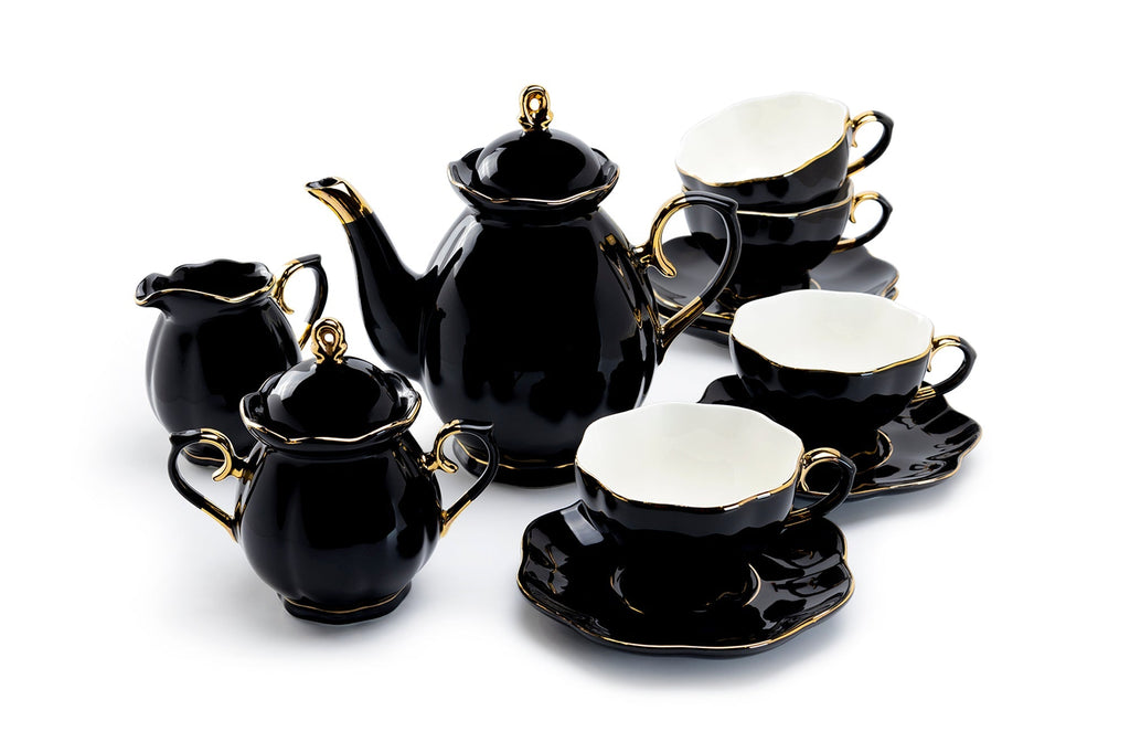 Black Gold Scallop Fine Porcelain 11-Piece Tea Set