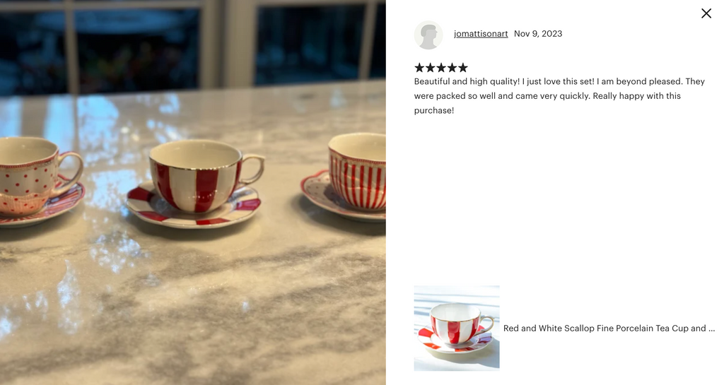 Red and White Scallop Fine Porcelain Tea Cup and Saucer