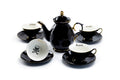 Black Gold Scallop Teapot + 4 Arsenic Skull Tea Cup and Saucer Sets