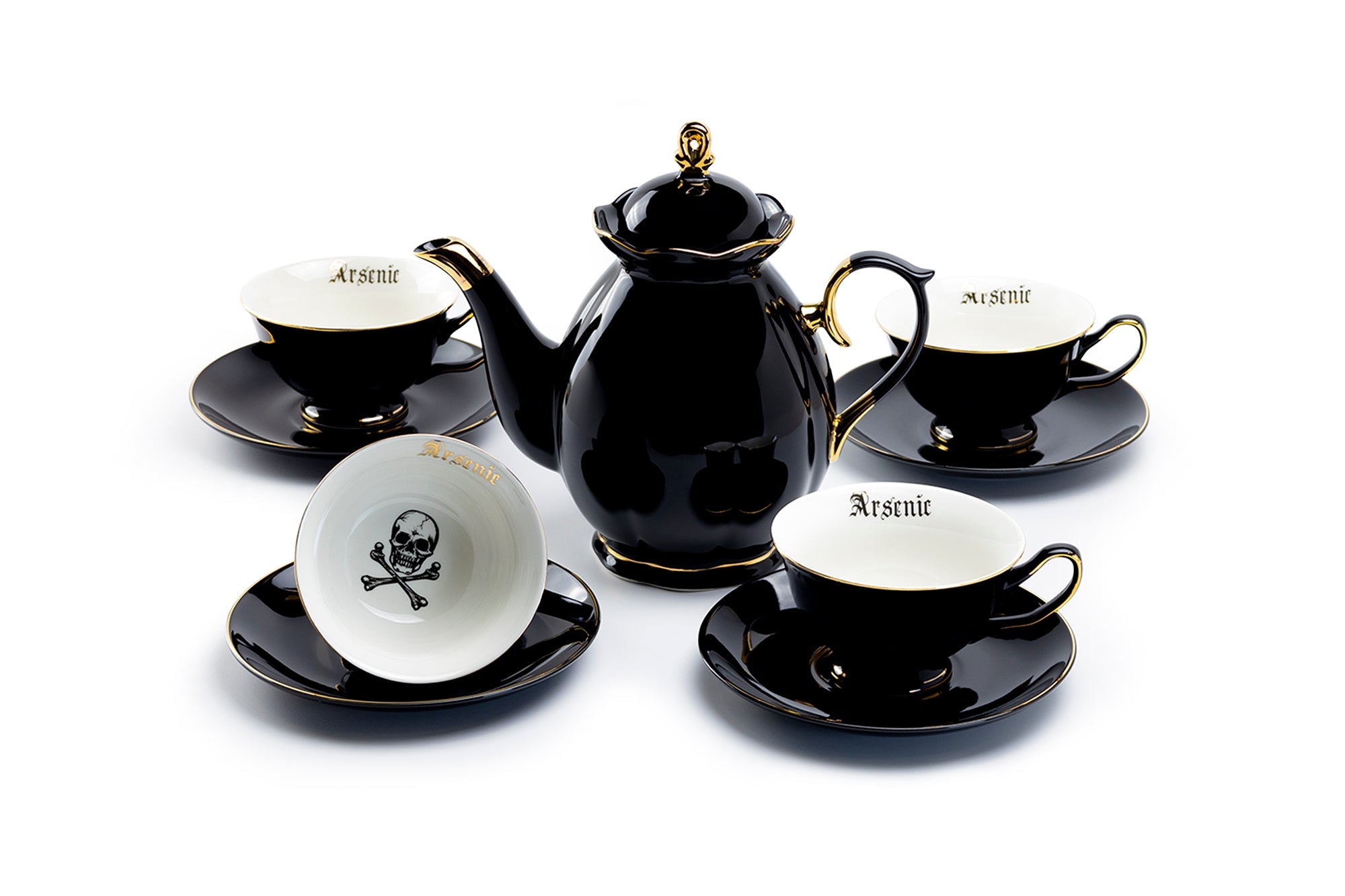 Black Gold Scallop Teapot + 4 Arsenic Skull Tea Cup and Saucer Sets