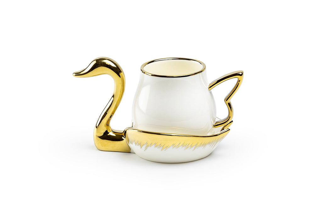Golden Swan White Fine Porcelain Tea Cup and Saucer