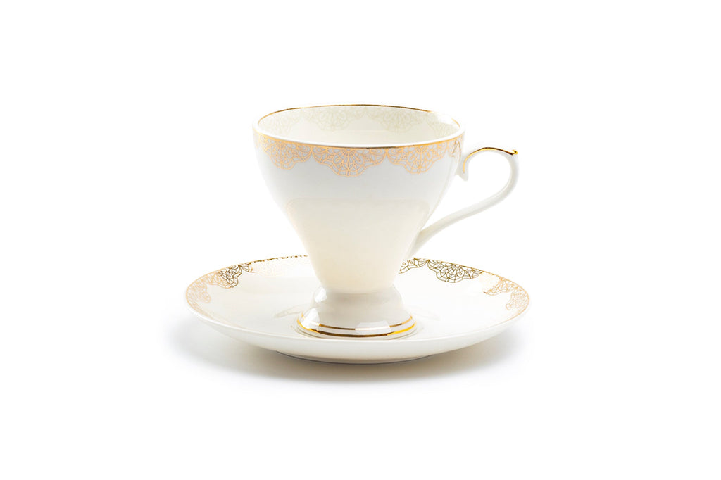 White Gold Lace Fine Porcelain Tea Cup and Saucer