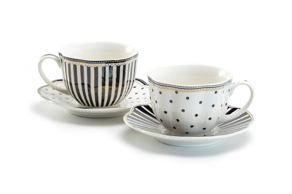 Black Josephine Stripes and Dots Fine Porcelain Cup and Saucer Sets