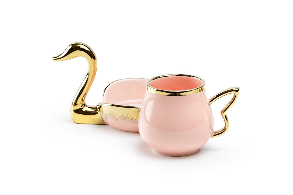 Golden Swan Pink Fine Porcelain Tea Cup and Saucer