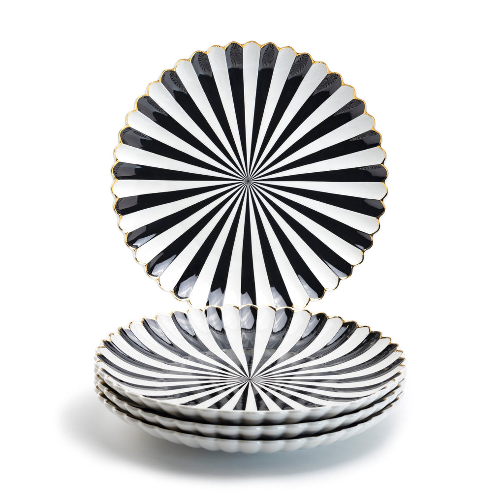 Black and White Stripe Scallop Fine Porcelain Dessert/Dinner Plate
