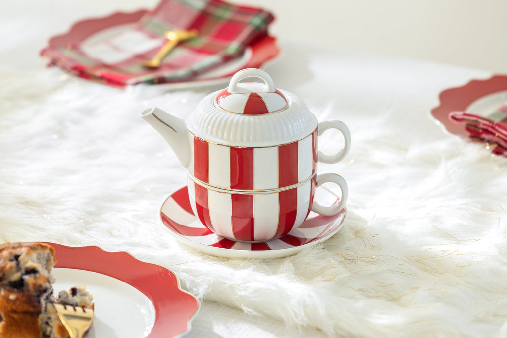Red Carousel Stripes Fine Porcelain Tea For One Set - CLEARANCE