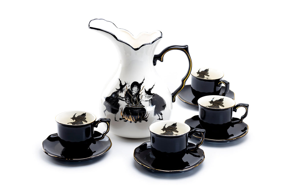 Witches Brew Pitcher + 4 Flying Witch Tea Cup and Saucer Sets