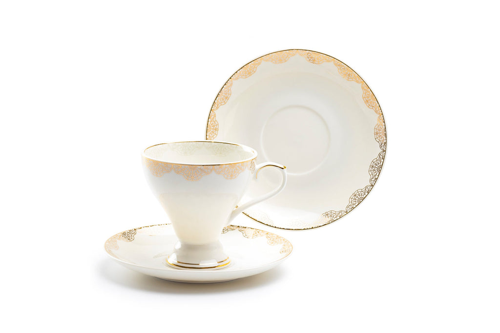 White Gold Lace Fine Porcelain Tea Cup and Saucer
