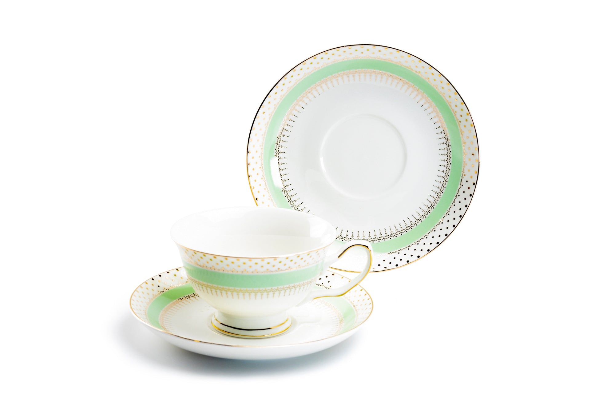 Mint Green Stripe with Gold Dots Fine Porcelain Tea Cup and Saucer