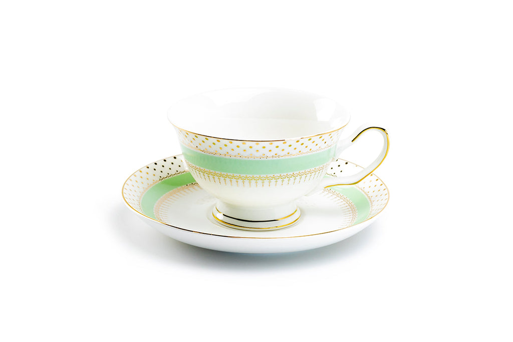 Mint Green Stripe with Gold Dots Fine Porcelain Tea Cup and Saucer