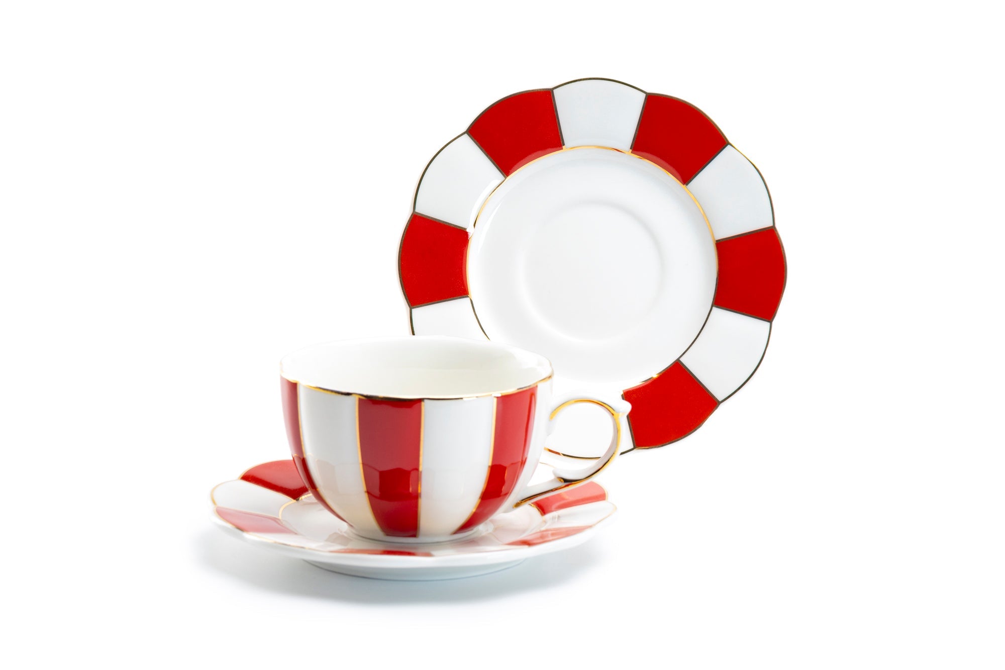 Red and White Scallop Fine Porcelain Tea Cup and Saucer