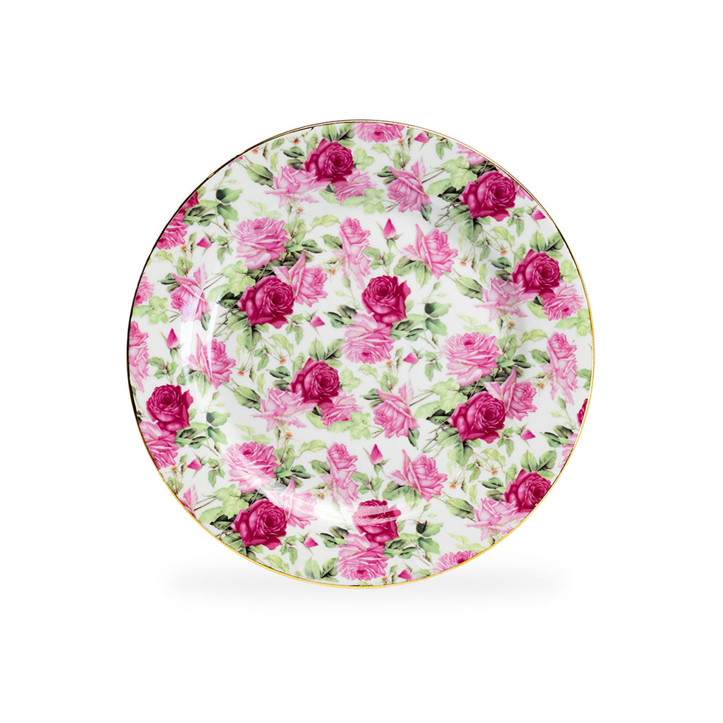 8" Assorted Rose Chintz Fine Porcelain Dessert Plate with Gold Rim Set of 4