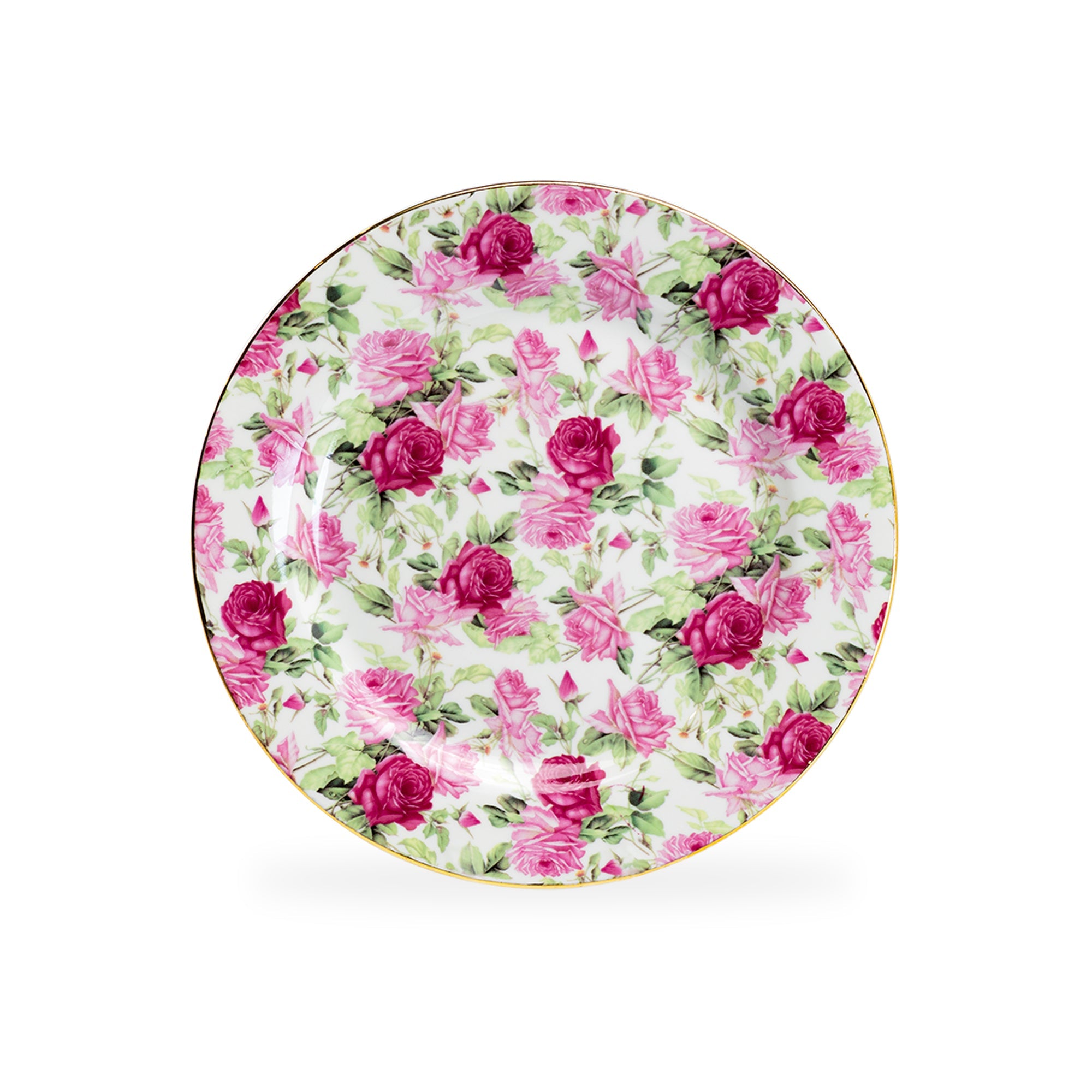8" Assorted Rose Chintz Fine Porcelain Dessert Plate with Gold Rim Set of 4