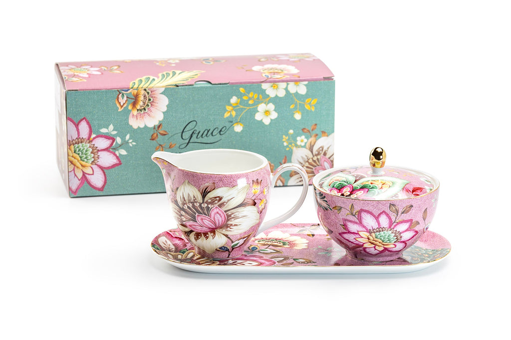 Gift Boxed Peacock Lotus Garden Pink Fine Porcelain Sugar Creamer & Serving Tray Set