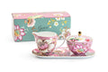 Gift Boxed Peacock Lotus Garden Pink Fine Porcelain Sugar Creamer & Serving Tray Set