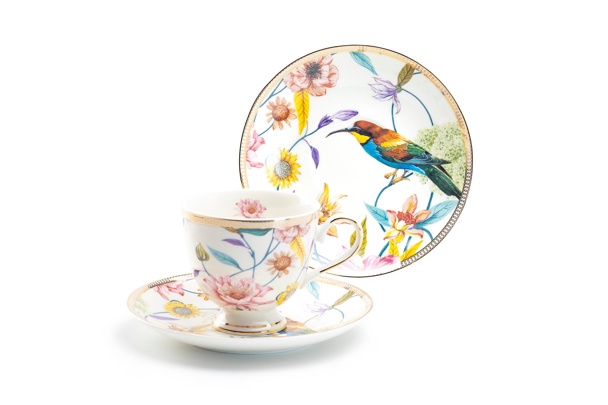 Spring Flowers with Hummingbird Fine Porcelain Tea Cup and Saucer