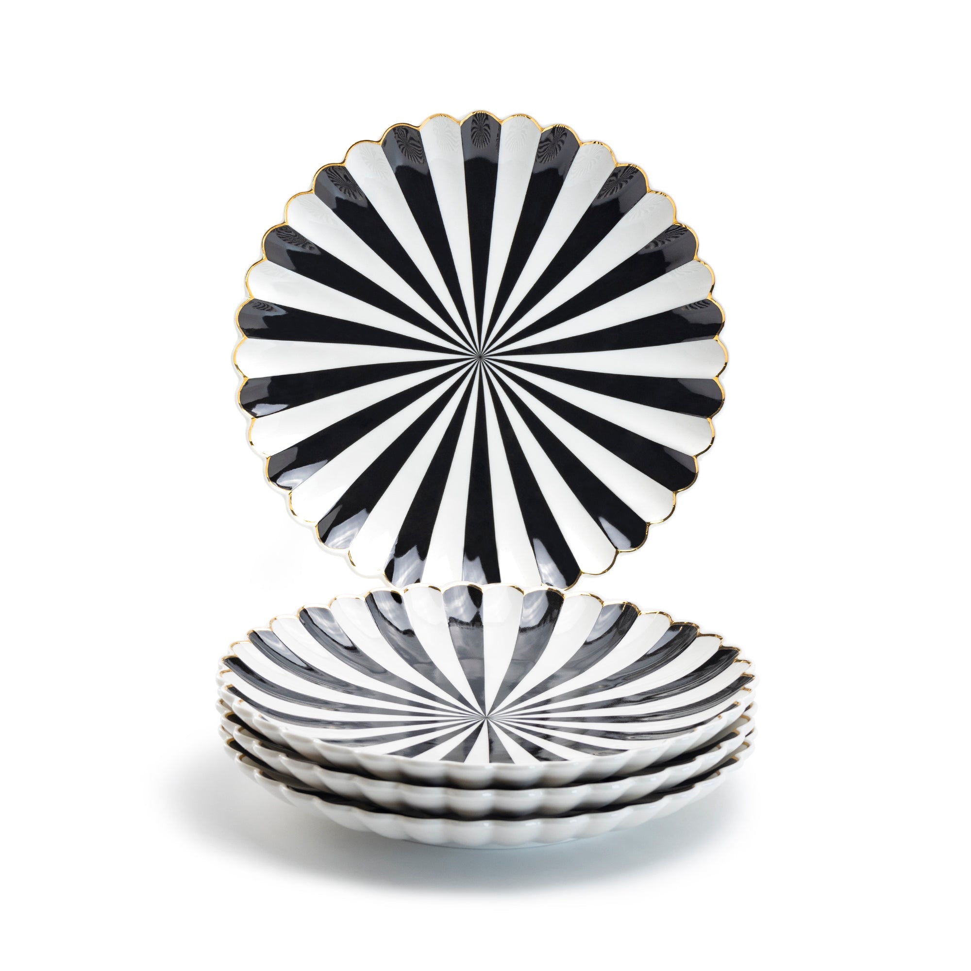 Black and White Stripe Scallop Fine Porcelain Dessert/Dinner Plate