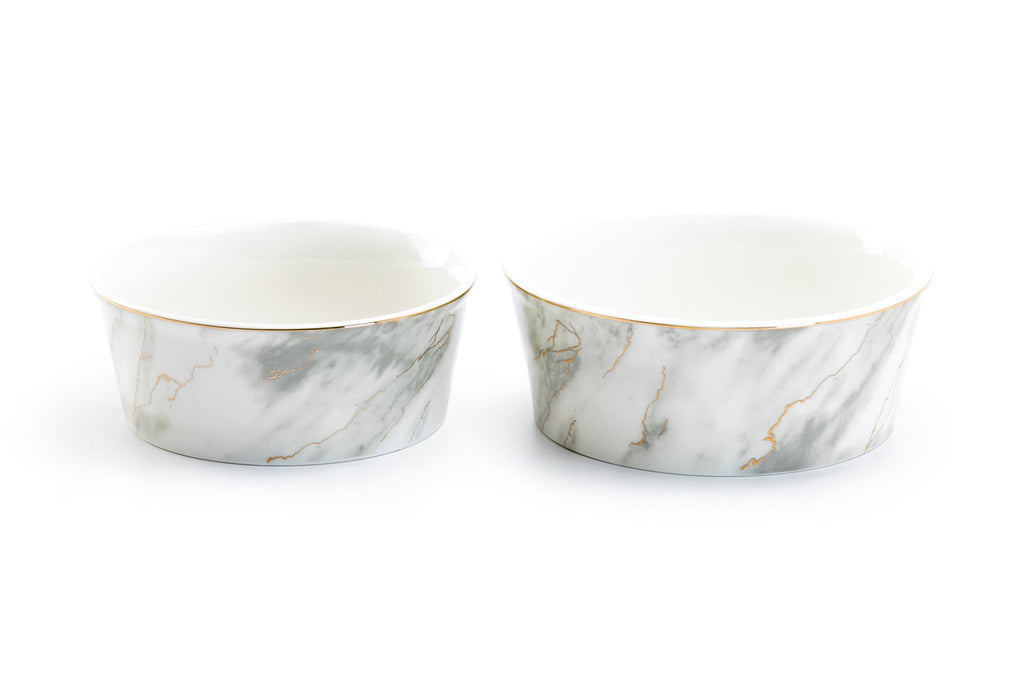 Gray Marble Gold Fine Porcelain Pet Bowl - 2 Sizes Available