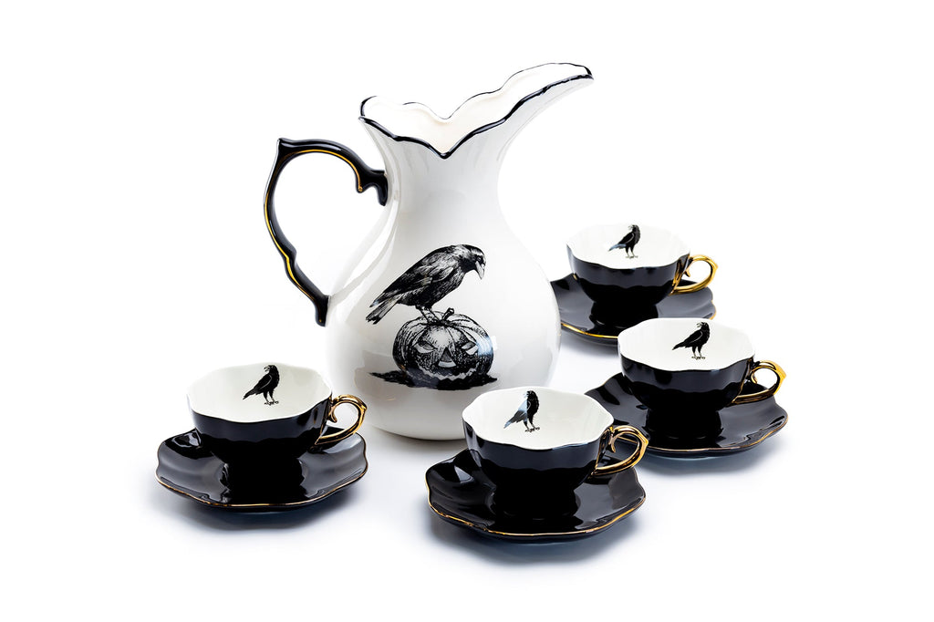 Witches Brew Pitcher + 4 Raven Tea Cup and Saucer Sets