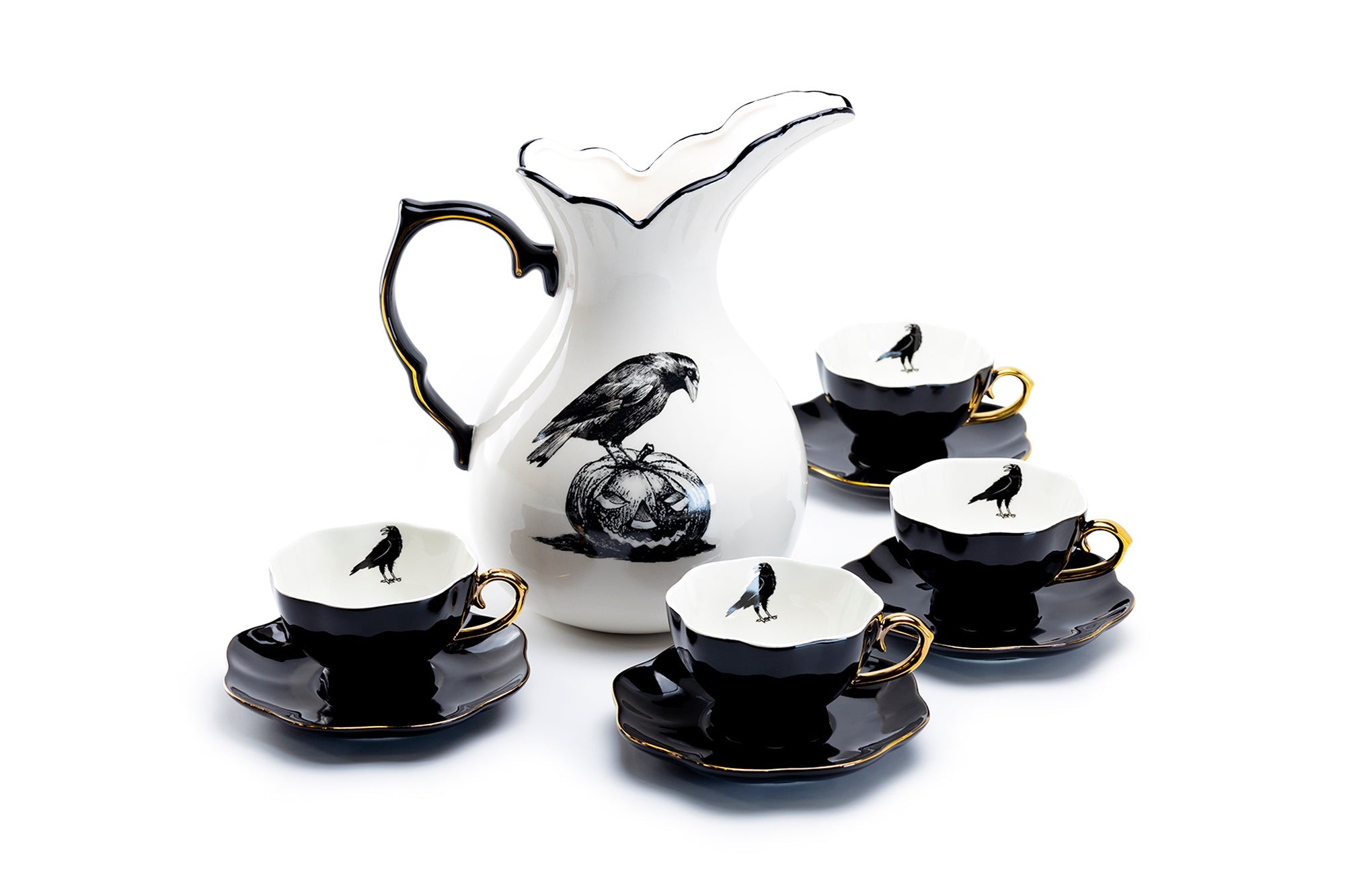 Witches Brew Pitcher + 4 Raven Tea Cup and Saucer Sets