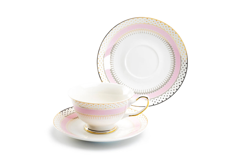 Pink Stripe with Gold Dots Fine Porcelain Tea Cup and Saucer