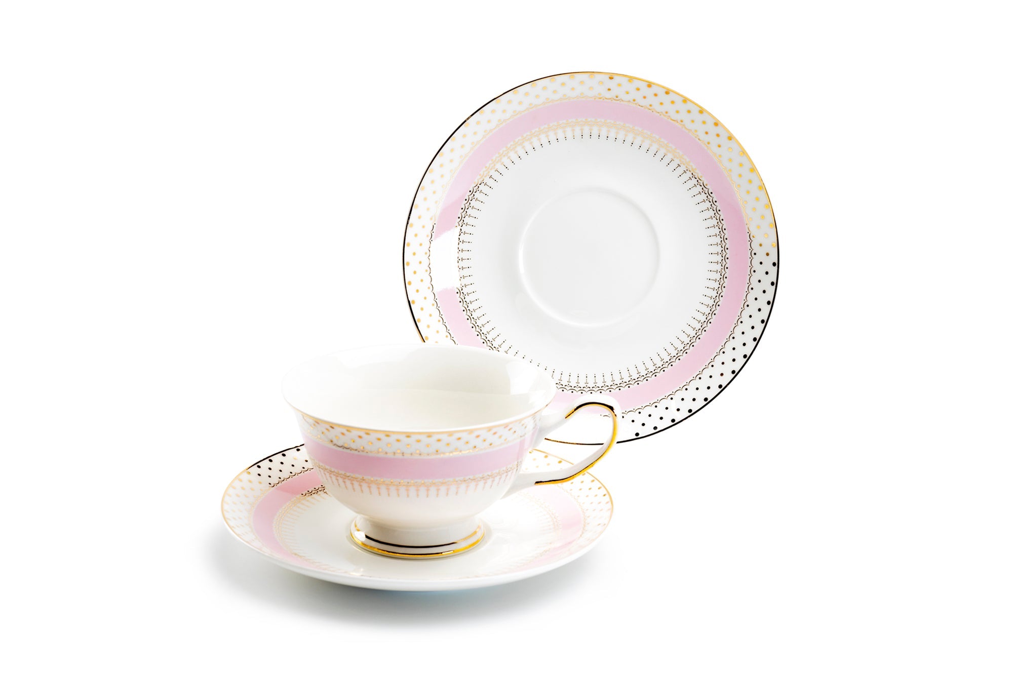 Pink Stripe with Gold Dots Fine Porcelain Tea Cup and Saucer