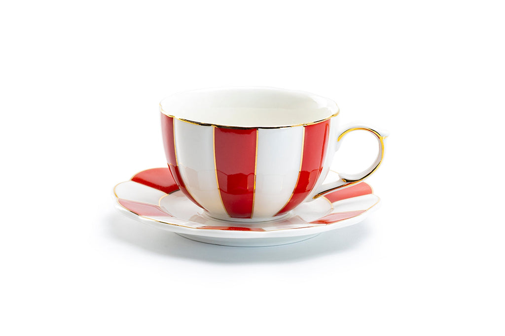 Red and White Scallop Fine Porcelain Tea Cup and Saucer