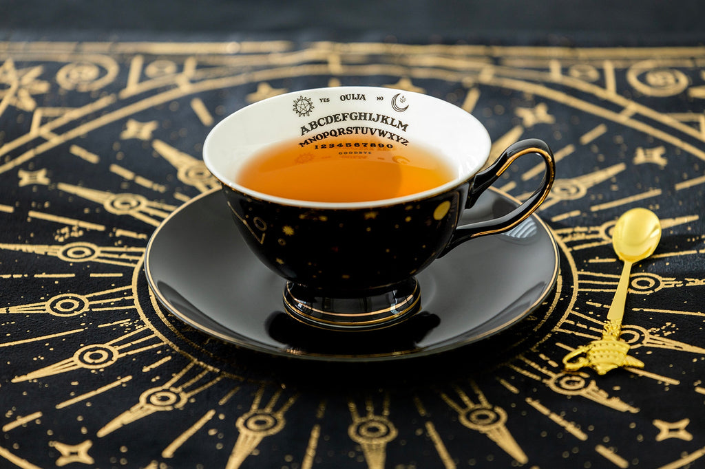 Witches Brew Pitcher + 4 Assorted Halloween Tea Cup and Saucer Sets - Ouija & Witchy Crystal Ball