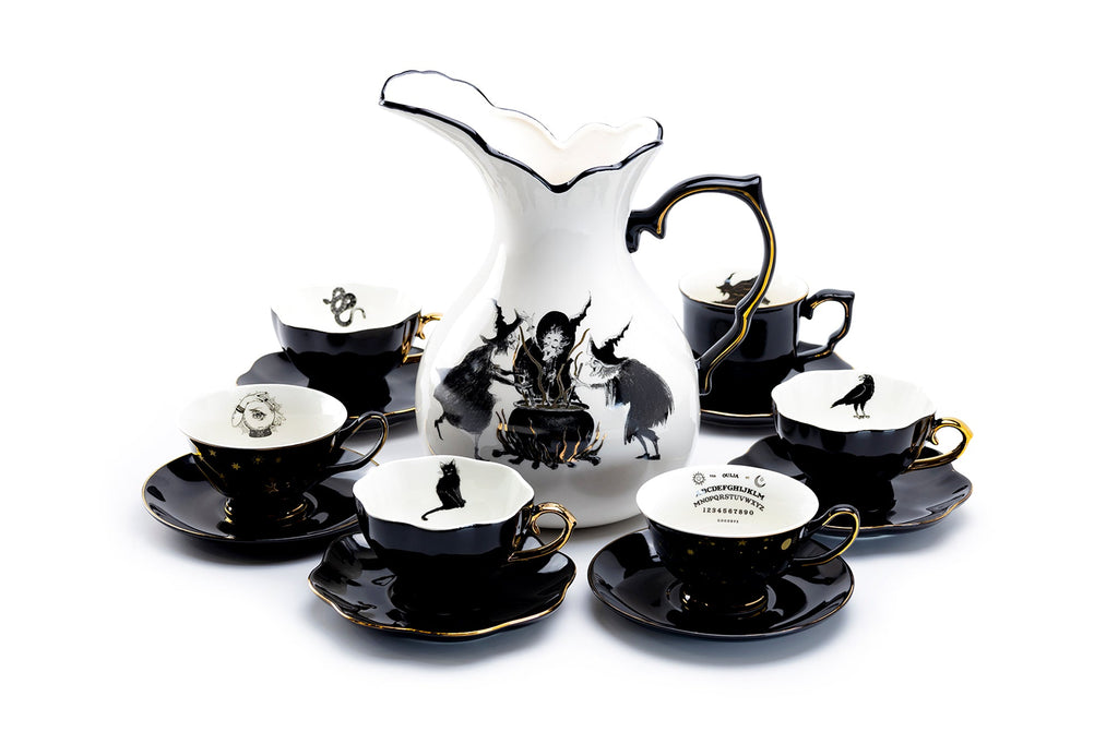 Witches Brew Pitcher + 6 Assorted Halloween Tea Cup and Saucer Sets - Ver. A