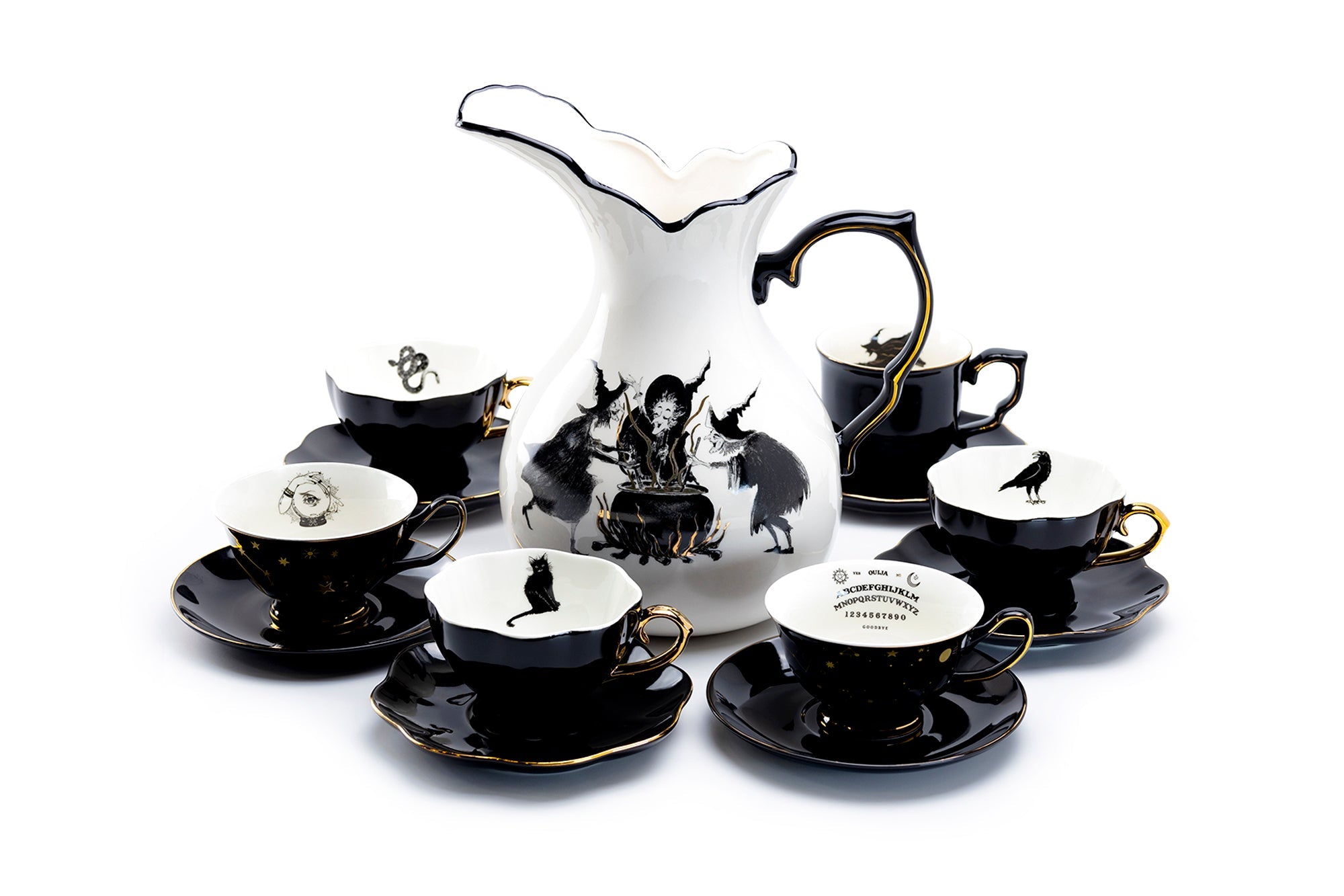 Witches Brew Pitcher + 6 Assorted Halloween Tea Cup and Saucer Sets - Ver. A