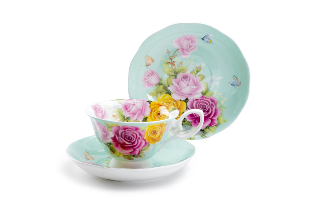 Rose Bouquet Mint Bone China Tea Cup and Saucer