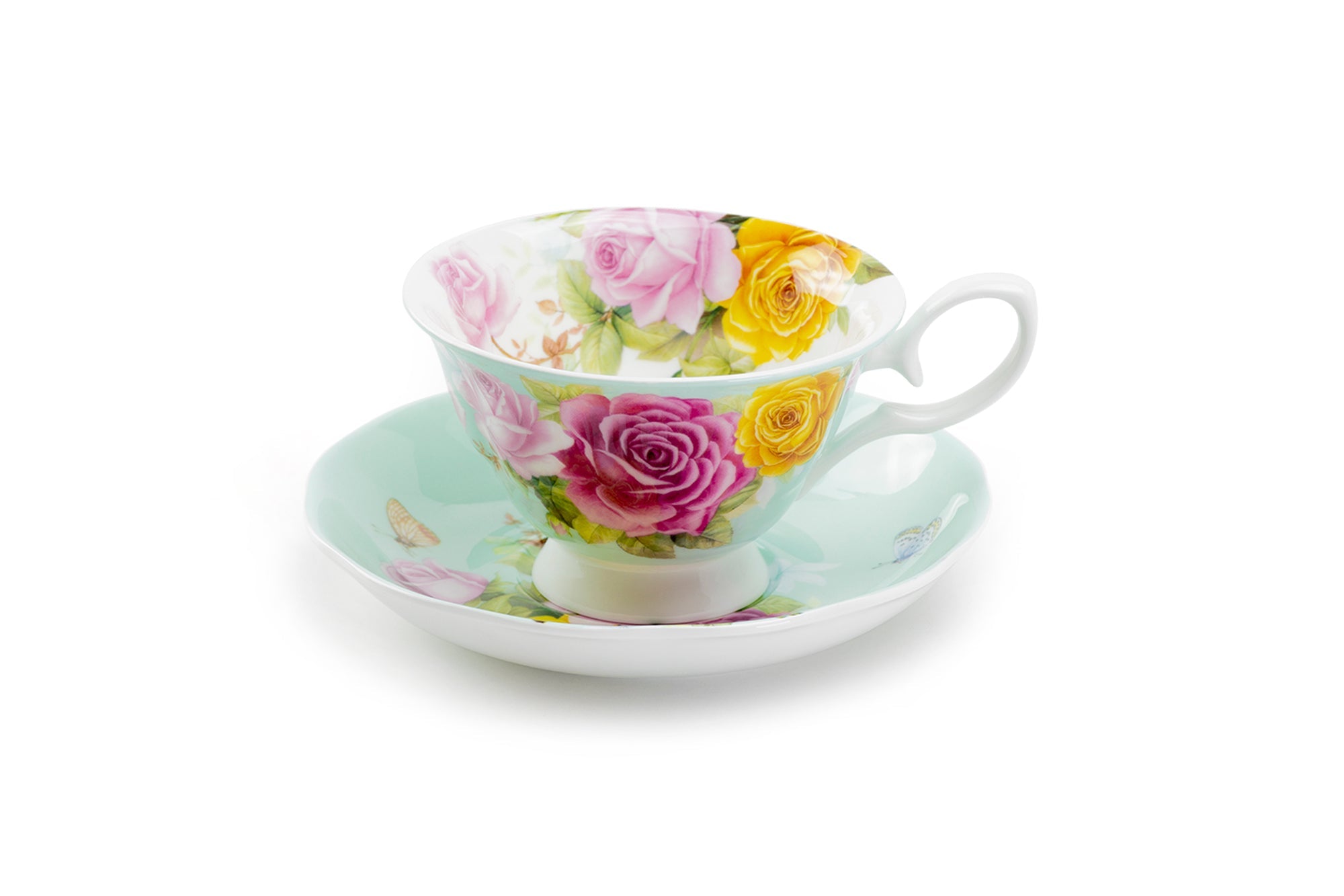 Rose Bouquet Mint Bone China Tea Cup and Saucer