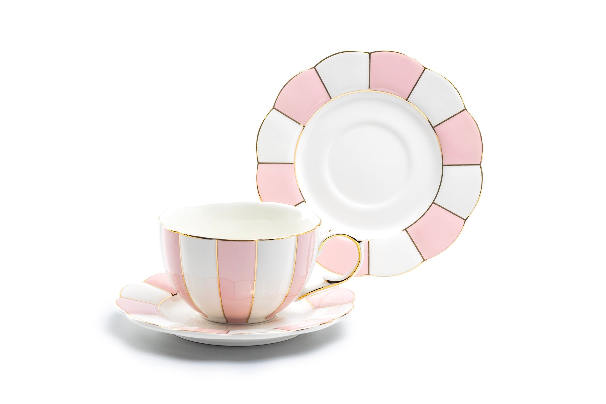 Pink and White Scallop Fine Porcelain Tea Cup and Saucer