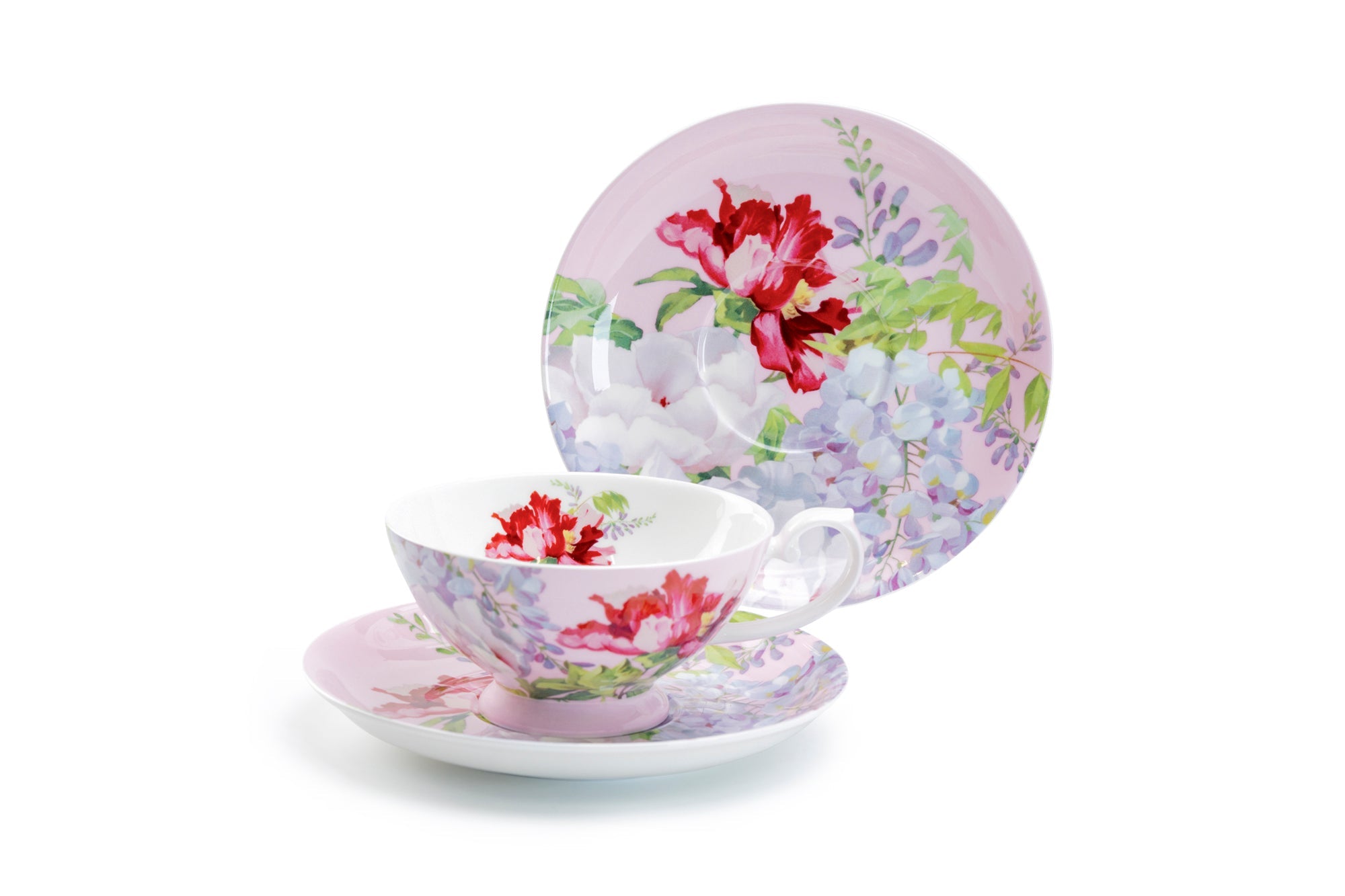 Red Peony Pink Bone China Cup and Saucer