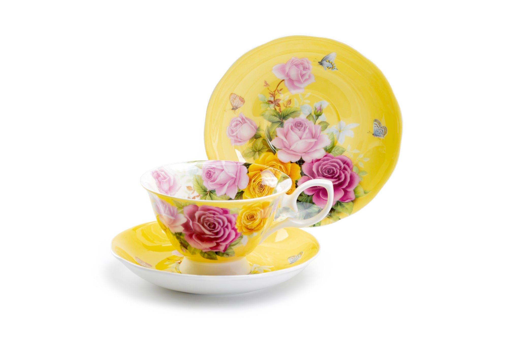 Rose Bouquet Yellow Bone China Tea Cup and Saucer