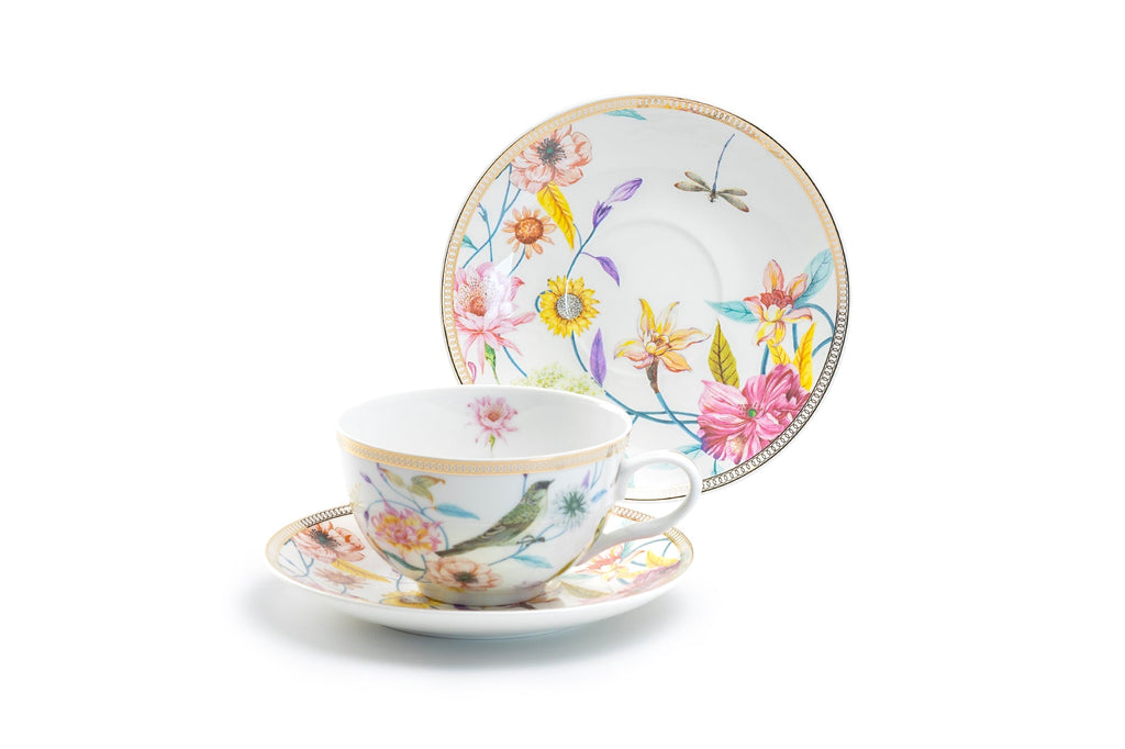 Spring Flowers with Bird Fine Porcelain Latte Cup and Saucer