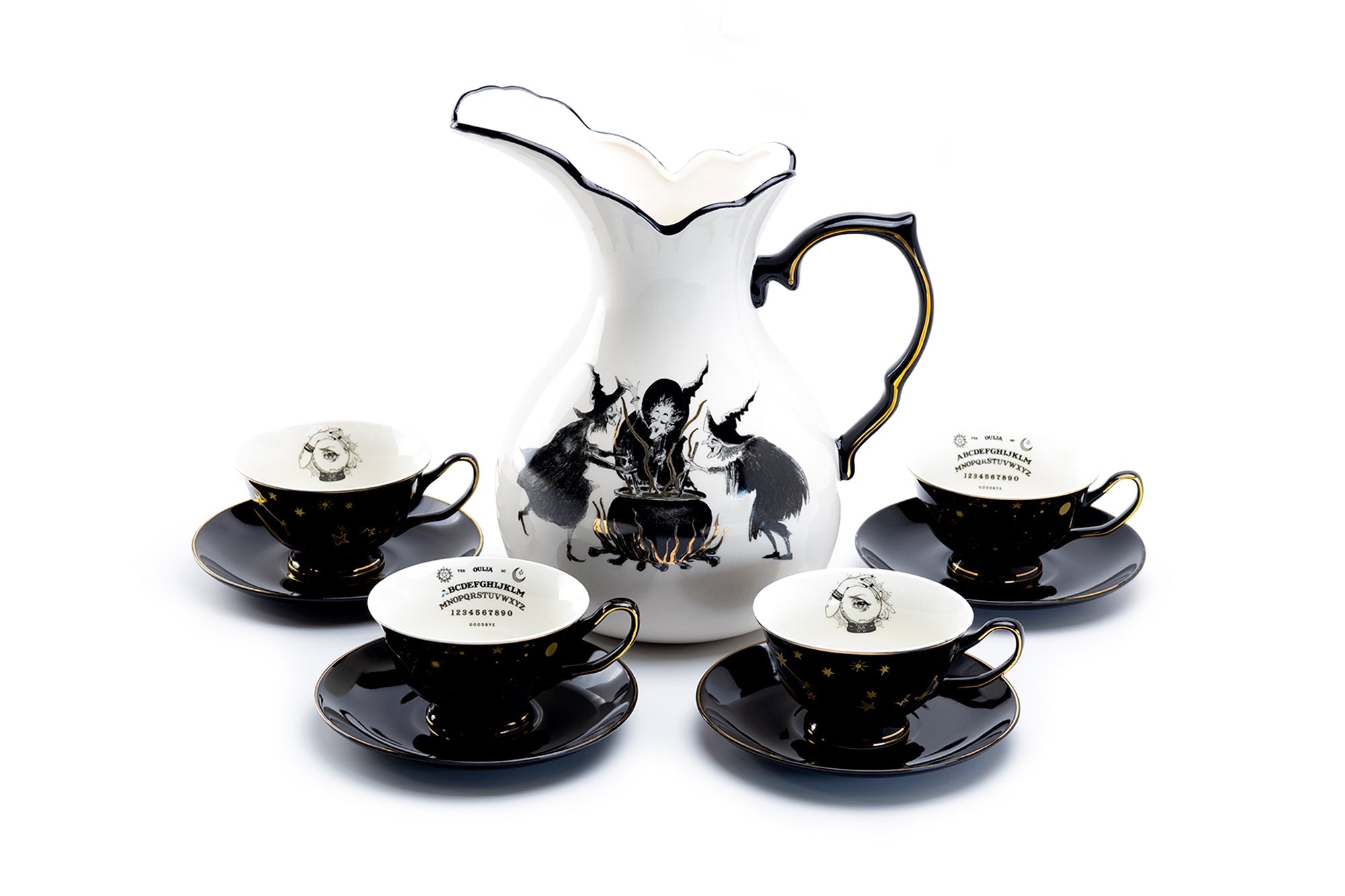Witches Brew Pitcher + 4 Assorted Halloween Tea Cup and Saucer Sets - Ouija & Witchy Crystal Ball