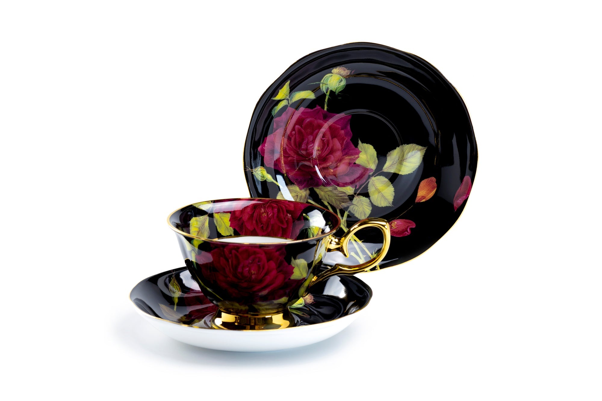 Gold Black Stem Rose Bone China Tea Cup and Saucer