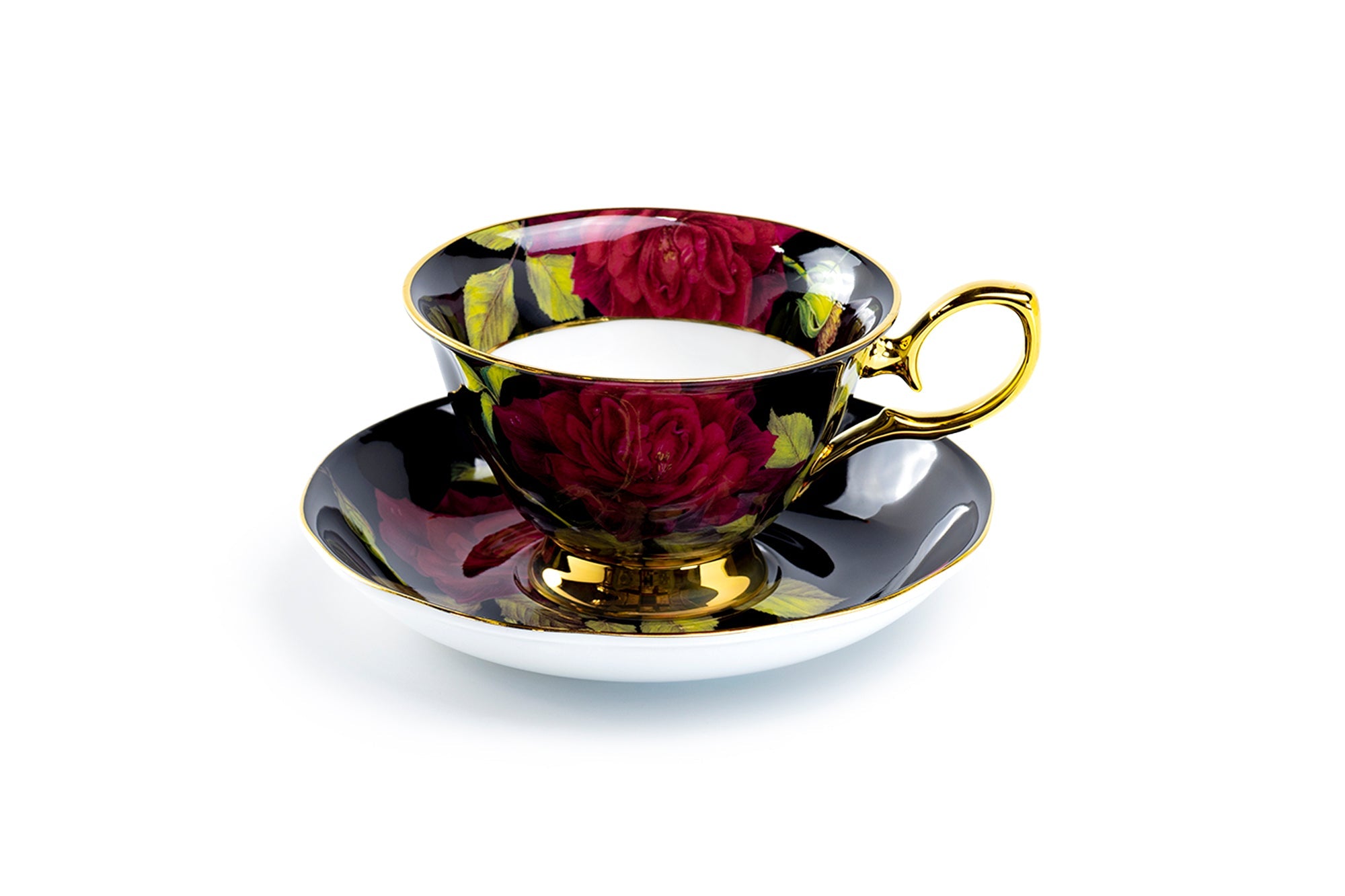Gold Black Stem Rose Bone China Tea Cup and Saucer