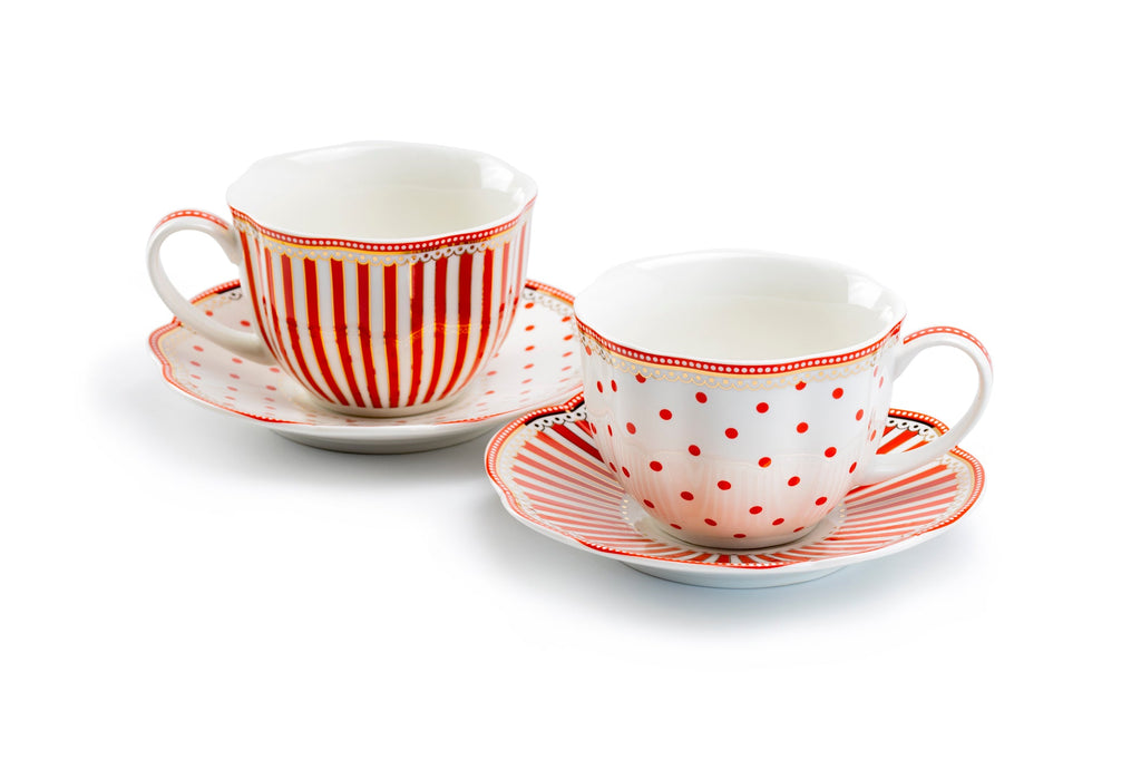 Red Josephine Stripes and Dots Fine Porcelain Cup and Saucer Sets